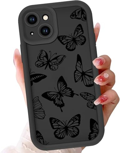 Phoona Case for iPhone 14 6.1, Cute Aesthetic Design Butterfly Preppy Pattern, Silicone Soft TPU Shockproof Protective Camera Cover Phone Case for Girls Women, Black Butterfly