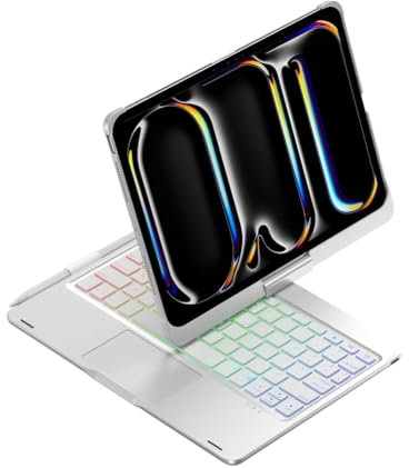 FAYGAOAI Étui Clavier pour iPad Air 13(M3 2025 / M2 2024) et Pro 12.9(6ème/5ème//4ème/3ème Gen), Rotatif À 360°, Rétroéclairé 7 Couleurs avec Pavé Tactile & Porte-Crayon,Argent