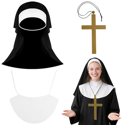 Aomig Nonnen Kostüm mit Schlitz Nonne Kloster Schwester Mittelalter Kostüm Damen Religiös Vikare Schwarz Kostüm Outfit mit Nonnenhaube Hut Halskette Nonnenkleid Geeignet für Halloween Karneval Cosplay