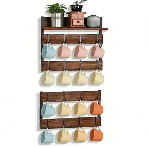 JUJOYBD Tassenregal Wand mit Ablage, 16 Haken, Holz-Metall, Rustikal | Hängendes Tassenhalter für Kaffeebecher & Teetasse. Perfekt für Küche, Büro-Pausenraum & Kaffeeecke. Platzsparend