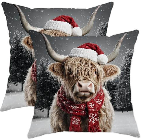 Weihnachtsspaß Highland Cow, Weihnachten Schnee Landschaft Tier 2Er Set Sofakissenbezug Süße Kissenbezug Dauerhaft Kissenhülle Für Outdoor Auto Wohnzimmer 45X45Cm