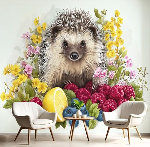 GSAEIMCT 3D Mural Photo Wallpaper Red Blue Fruit Hedgehog Backdrop Wall Illustrations Animals Interior Decor Panel Bathroom Restaurant Hall Living Children Room Hallway Art Murals,350X260Cm