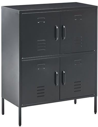 Beliani Storage Cabinet Metal Sideboard 4 Doors for Home Office Black Holbeck