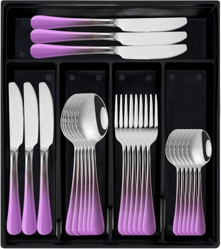 Maxspace Besteck Set mit Besteckkasten, 24 Teilig Edelstahl Besteckset für 6 Personen mit Messer, Gabel, Suppenlöffel und Kaffeelöffel, Poliert Essbesteck Set, Spülmaschinenfest (Farbverlauf Lila)