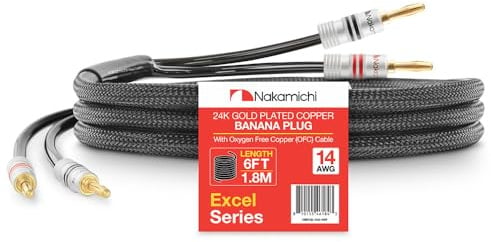 Nakamichi Excel Series 24k Gold Plated Banana Plugs With Speaker Cable Wire 99.9% Oxygen-Free Copper (OFC) Heavy Duty Braided for Amplifier Hi-Fi Home Theatre - Black (14AWG / 6 feet / 1.8m)