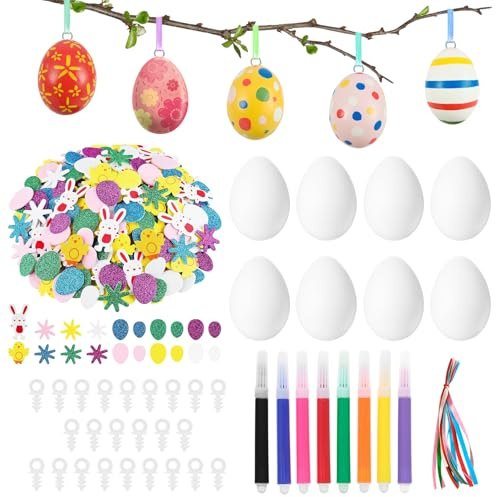 25 Deko-Eier Ostern, 6cm Kunststoff Eier zum Bemalen Beschriften, Ostern Basteln Plastikeier, Ostereier zum Aufhängen, Ostereier Plastik, mit Schaumstoff Sticker Aufhänger für Dekoration und Geschenk
