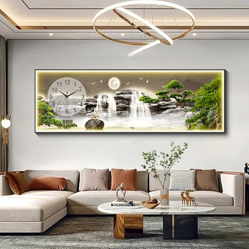 Yidlkecqey LED Wandbild mit Uhr, Kristallporzellan Landschaftsbild mit Fernbedienung, Beleuchtete Wanddeko für Wohnzimmer, 40x120cm(Type H)