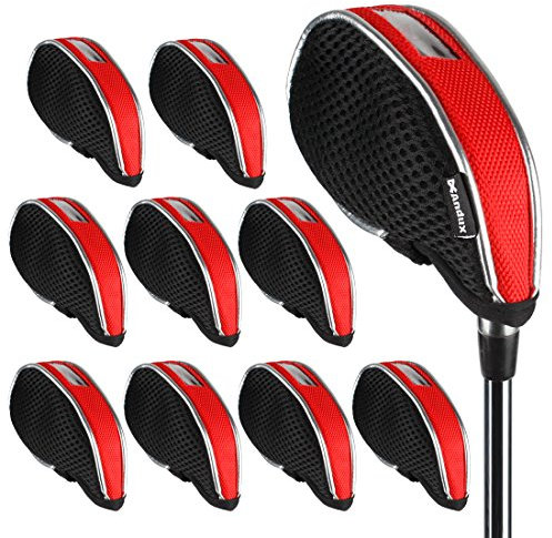 Andux Mesh Golf Iron Club Head Covers Clear Window Left and Right Handed 10pack (Black/red)
