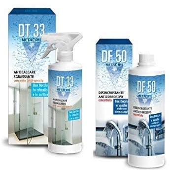 Metacril Detergente e Disincrostante ANTIGOCCIA per box doccia + Super DISINCROSTANTE anticorrosivo concentrato: DT33 500ml con vapo + DF50 500ml