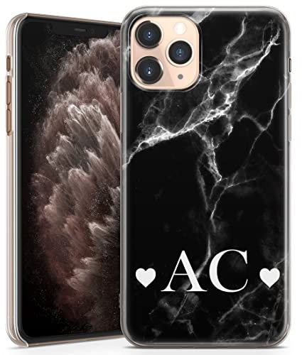 TULLUN Personalisierte Handyhülle für iPhone 11 - Klare Hartplastik Benutzerdefinierte Schwarzer Marmor Marble Weiß Buchstabe Initialen Name Text - Zwei Herzinitialen