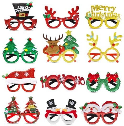 Weihnachtsbrillen, Xndryan 12 Stück Brille Weihnachten Glitzer Partybrille Weihnachtsbrille Kostümbrillen für Weihnachtsfeiern, Xmas Brille Rahmen für Deko Weihnachten