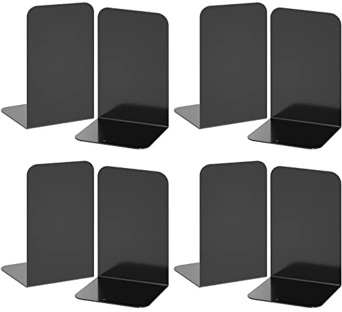 VFINE Bookends 4 Pairs, Black Metal Book Ends, Bookends for Shelves, Book Stopper for Heavy Books, Book Dividers for Home Office School Supplies
