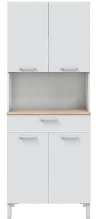 PEGANE Buffet Meuble Cuisine 4 Portes + tiroir Coloris Blanc Artic/chêne Canadien - Hauteur 186 cm x Longueur 72 cm x Profondeur 40 cm