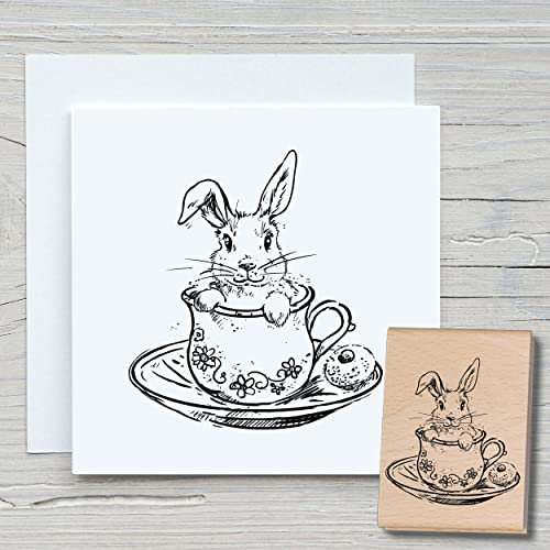 NEWSTAMPS Stempel Hase in der Tasse Motivstempel groß aus Holz & Gummi zum Karten basteln, Holzstempel, Ostern, Osterkarte, Osterhase, Scrapbook, Textilstempel, Deko, Kinder