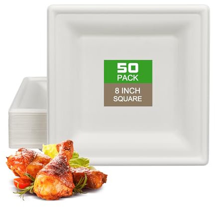 CVIUYO 50 Pack 8 Inch Square Heavy Duty Disposable Paper Plates, 100% Compostable Sugarcane Plates - Eco-Friendly Biodegradable Perfect for Dessert, Picnic, BBQ, Birthday, Wedding