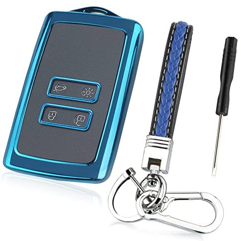TPU Smart Key Case passend für Renault, Silikon Keyless 4-Tasten-Schlüsselanhänger, Renault-Schutzhülle für Autoschlüssel mit robustem Lederanhänger (Blau)