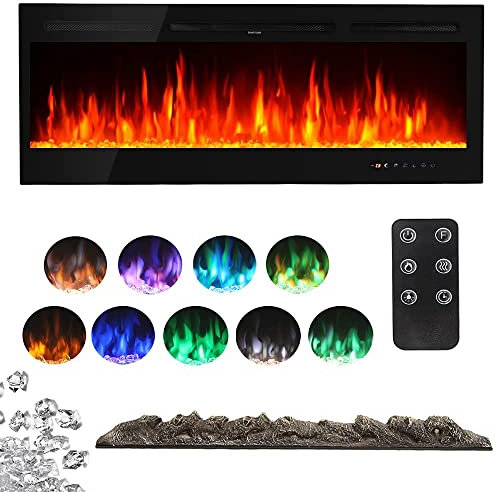 INMOZATA Wall Mounted Electric Fireplace 80inch Insert Recessed Large Media Wall Electric Fire Crystals Log Effect Flame Fire 9 LED Color with Remote Control