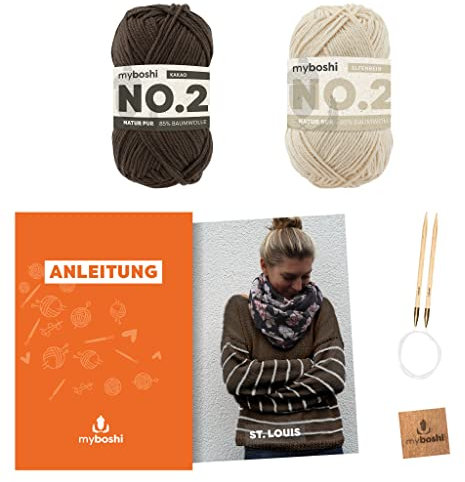 myboshi Strickset Pullover St. Louis, Strickset für Anfänger, inkl. No.2 Wolle, Nadel und Anleitung, Label, Strickpaket, 85% Baumwolle, 15% Kapok Braun, Beige mit Rundstricknadel