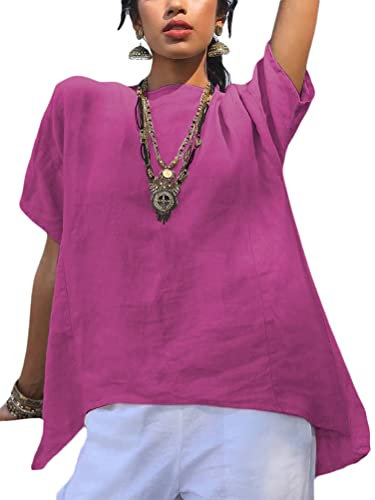 Onsoyours Camicetta Donna Elegante Blusa Top a Manica Corta Girocollo Tinta Unita Camicie Colletto Risvoltato Camicia in Lino di Cotone A Fucsia L