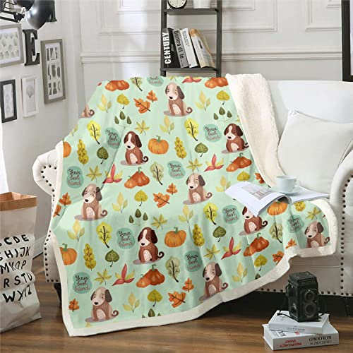 Kinder Hunde Decke 75 x 100 Niedliche Tier Fleece Decke für Mädchen Jungen Herbst Sherpa Decke Halloween Kürbis Decke Werfen Gefallene Ahornblätter Plüsch Decke,Grün