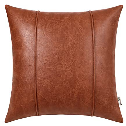 BRAWARM Cognac-Leder-Überwurf-Kissenbezüge, 45,7 x 45,7 cm – Kunstleder-Kissenbezug mit Paspelierung, handgenähtes Leder-Wurfkissen für Couch, Sofa, Bett, Wohnzimmer, Heimdekoration