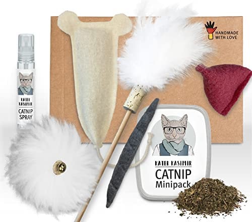 Kater Kasimir Katzenspielzeug Premium Paket mit Federwedel, XL Spielmaus, Katzenminze, Baldriankissen und Filzwürmchen