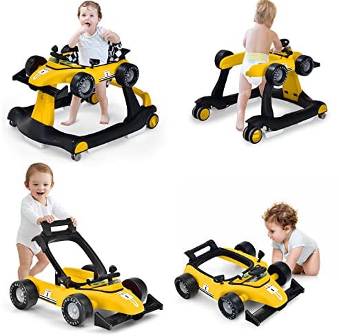 LIFEZEAL 4 in 1 Lauflernhilfe Baby, Höhenverstellbares & Klappbares Babywalker, Baby Gehfrei ab 6 Monate, Laufwagen mit einstellbarer Geschwindigkeit, Licht & Musik (gelb)