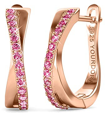 YOURDORA Creolen Silber Damen Klein Ohrringe 925 Silber Rhodiniert Kreolen 15mm mit Zirkonia aus Österreich (Roségold - Rosa)