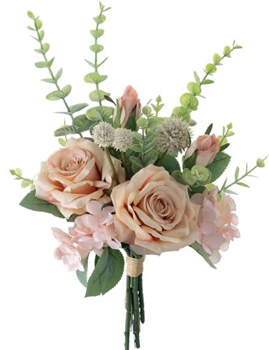 XD MEXL Künstlicher Eukalyptus und Rosen, Seidenblumenarrangement, 37,8 cm, künstliche Blumen, Seidenrose, Hochzeitsstrauß, Eukalyptus, Pflanzendekor für Zuhause und Hochzeit (Champagner)