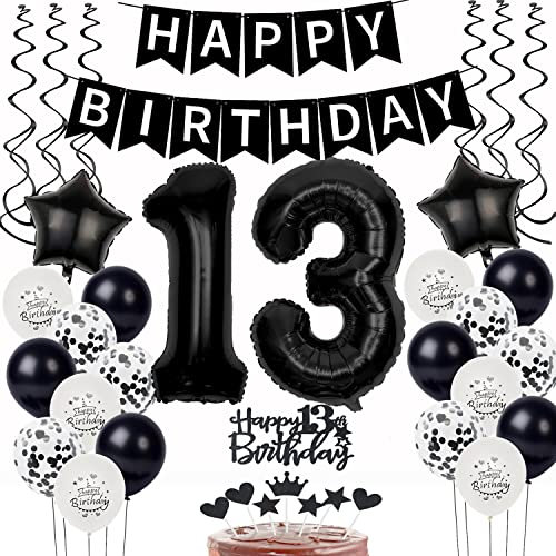 Schwarz Weiß Luftballons 13. Geburtstag Dekoration,Geburtstagsdeko 13 Jahre Junge Mädchen Tortendeko 13 Geburtstag junge Ballons 13. Junge Happy Birthday 13 Jahre Junge deko