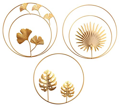 ZAANU Eisen-Wanddekoration, Gold Ginkgo, Ahorn, Monstera-Wanddekoration, runde Wandornamente, for Schlafzimmer, hängende Hotel-Wanddekoration/323