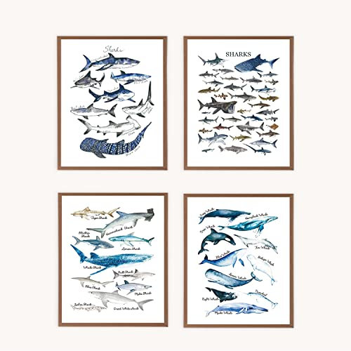 VNWEK Rustikale Aquarell-Wandkunst-Poster, Motiv: Haie und Wale, ungerahmt, 30,5 x 40,6 cm, 4 Stück, Bauernhaus-Dekorationen für Zuhause, Schlafzimmer, Wohnzimmer, Klassenzimmer, Geschenke für