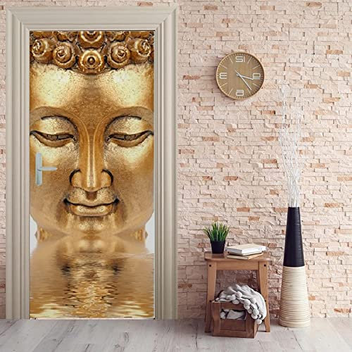 Türtapete Goldene Buddha-Statue Selbstklebend Türposter 3D Türaufkleber Fototapete 3D Effekt Türfolie Wandtattoo Wandbild 95X215Cm Diy Wohnzimmer Schlafzimmer Büro Wohnkultur Dekoration