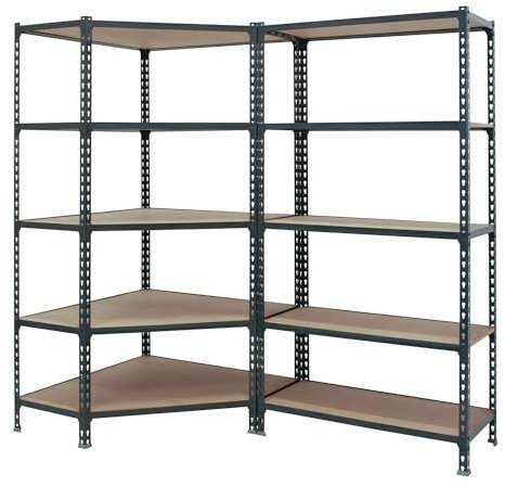 Simon Rack Eckregal aus Metall, 1800 x 1800 x 300 mm, 5 Holzböden, 200 kg Flexpunkt, Lagerregal, 1 zusätzliches Modul, Anthrazit/Holz - Maderclick Corner