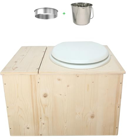 Toilette sèche avec bac à copeaux de bois intégré, Livré monté avec abattant blanc, seau inox et bavette de protection inox - Fabrication artisanale Française - N17
