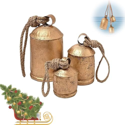 Kuhglocken Dekoration Weihnachten 3 Stück Kuhglocken Vintage Rustikale Kuhglocken Glocken Seil Wandbehang Riesige Bronze Kuhglocke Rustikale Glocken für Landhausstil Heimdekoration Geschenke (3 Stück)