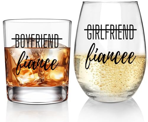 ONEHAUS Regalos de compromiso para parejas, novio y novia, juego de regalo de copa de vino y whisky, regalo de prometida para él y ella, señor y señora, futuros novios