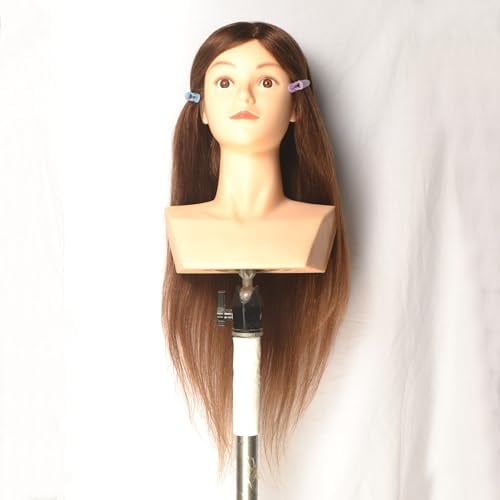 22 Zoll 100% Echthaar Schaufensterpuppe Kopf Schaufensterpuppe Kosmetologie Köpfe Praktische Flechten Styling Training Färben Bleichen Färben Curling Locken Schneiden Hochsteckfrisuren (Dunkelbraun)