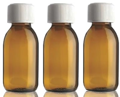 Fam Organic 100ml Amber Glass Bottles with white Medicap lids - CRP Cap, Child resistant closure, refillable, reusable, BPA Free strong Medical Medicine Bottle (Pack of 3)