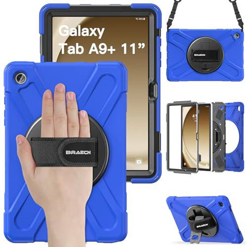 BRAECN pour Coque Samsung Galaxy Tab A9+ Plus 11 Pouces 2023, Étui de Robuste avec Support Rotatif à 360°et Dragonne, Bandoulière, Porte-Stylet, Résistant Housse pour SM-X210/X216/X218, Bleu