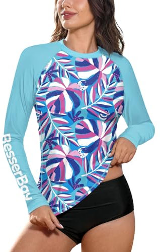 BesserBay Women Summer SPF Swim Swimming Rashguard Sunscreen Sunblock Sun Top Blue Purple Tropical Leaves L