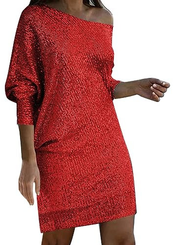 Zeiayuas Women Elegant Formal Sequins Dresses Wrap Off Shoulder Long Sleeves Midi Bodycon Party Dress Sparkly Glitter Evening Dress Elegant Disco Club Prom Ball Gowns Ladies Cocktail Clubwear Red