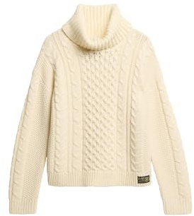 Superdry Damen Strickpullover mit Rollkragen und Zopfmuster Island Ecru 38