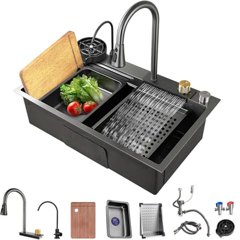Fregadero en cascada de acero inoxidable de 68 cm, color gris oscuro, fregadero de cocina multifunción de un seno con grifo extraíble en cascada, lavavasos y accesorios para fregadero