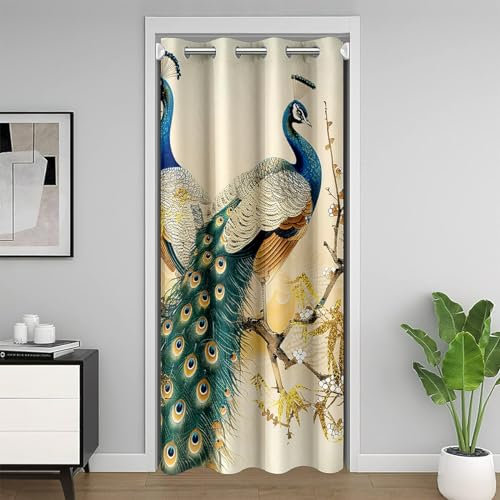 Türvorhang mit Pfauenmotiv, Vintage-Stil, japanischer Stil, Wildvögel, Tier, alle Jahreszeiten, Verdunkelungsvorhang, goldene Blätter, Türvorhang, 86,4 x 203,2 cm (B x L)