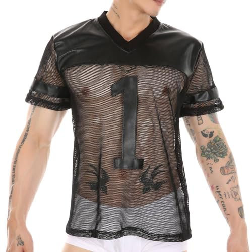 Duohropke Herren Lack-Optik Jacke Männer T-Shirt Unterhemd Wetlook Oberteile Muskelshirt Lack Leder Mesh mit Stehkragen Sexy Party Clubwear Lack Optik Wetlook Bluse