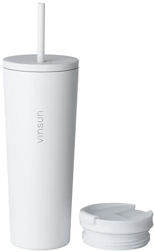 VINSUN Vaso Térmico con Pajita 720ml - Acero Inoxidable, a Prueba de Fugas, Doble Pared Aislada, Reutilizable - Taza Térmica con Dos Tapas para Viajes, Coche, Universidad