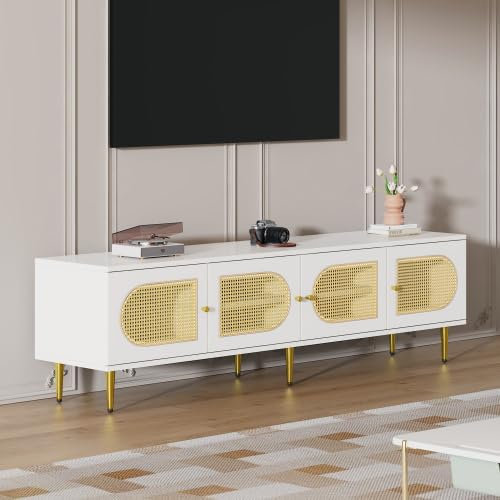 Armoire TV avec 4 portes spacieuses en rotin, 2 grands casiers et 4 casiers avec étagère réglable, meuble TV moderne, 180 x 40 x 72 cm, blanc élégant 2