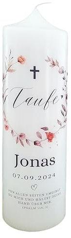 Taufkerze Pastell Blumen - Jonas - Blätter Beige Blumenkranz Natur für Mädchen und Jungen, mit Name, Datum und Spruch