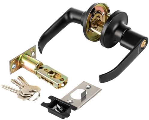 Cumnvulnt Door Handle Lock, Aluminum Alloy Door Handles with Lock and Key, Copper Core Door Handles Internal with Lock for Entrance, Bedroom, Bathroom, Livingroom(Black)